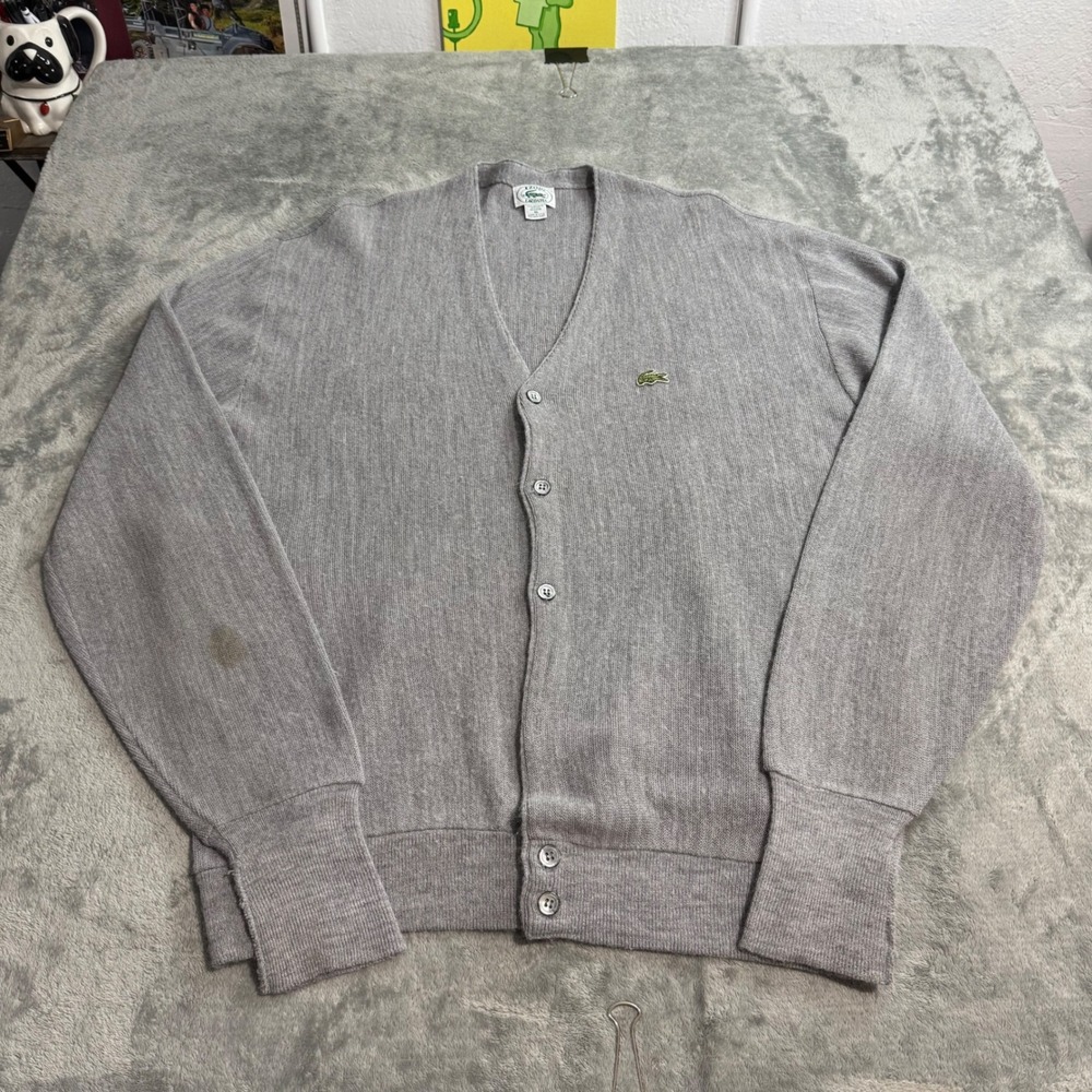 VTG 90s Izod Lacoste Cardigan Sweater Mens XL Gray Acrylic Knit Made in USA